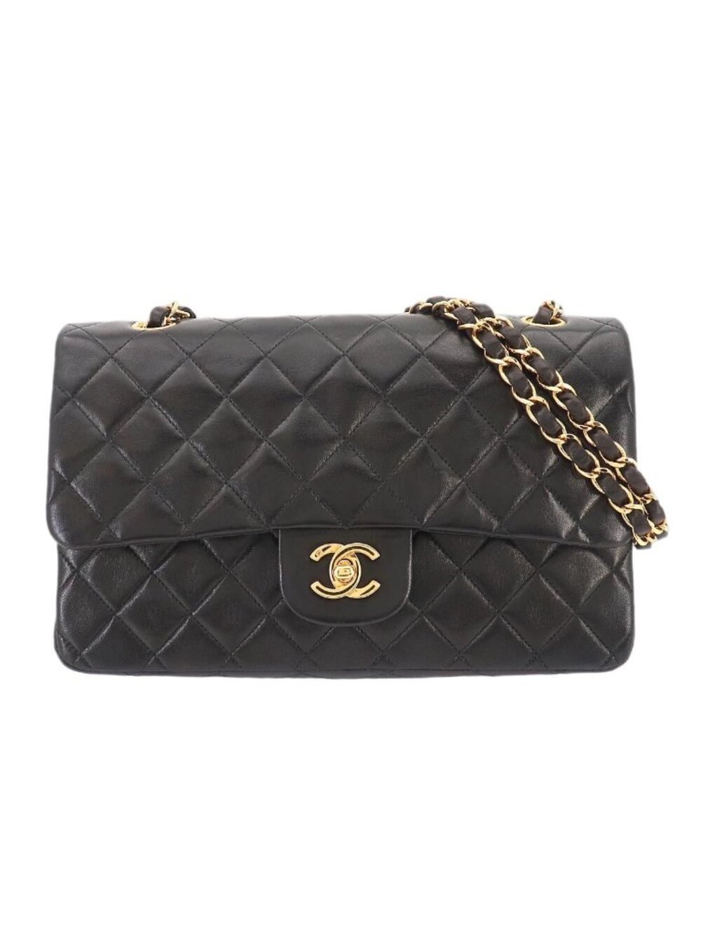 Chanel Quilted 25 Chain Shoulder Bag Lambskin Black Gold CC Logo
